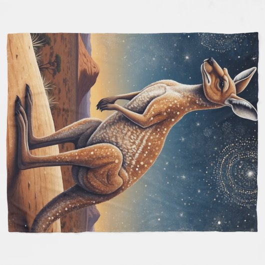 オーストラリア先住民をテーマにしたカンガルーのシーン フリースブランケット (正面(横))