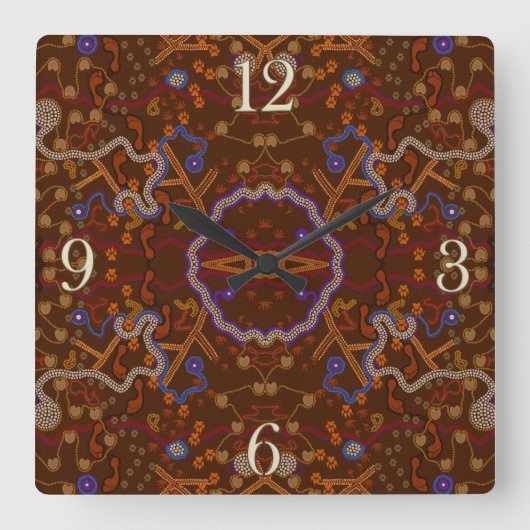 オーストラリア先住民スタイルウォークアールアートデザイン スクエア壁時計 (正面)