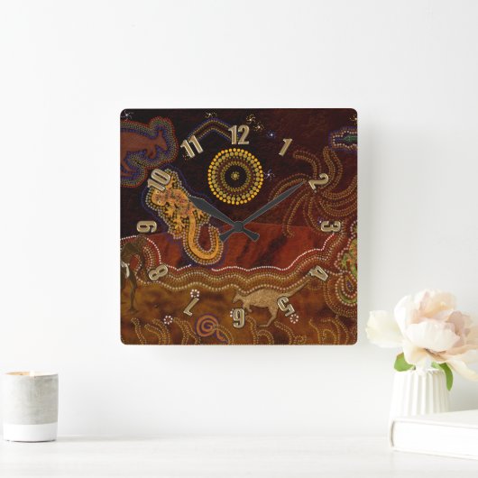 オーストラリア先住民スタイル砂漠の暑さと動物 スクエア壁時計 (ホーム)