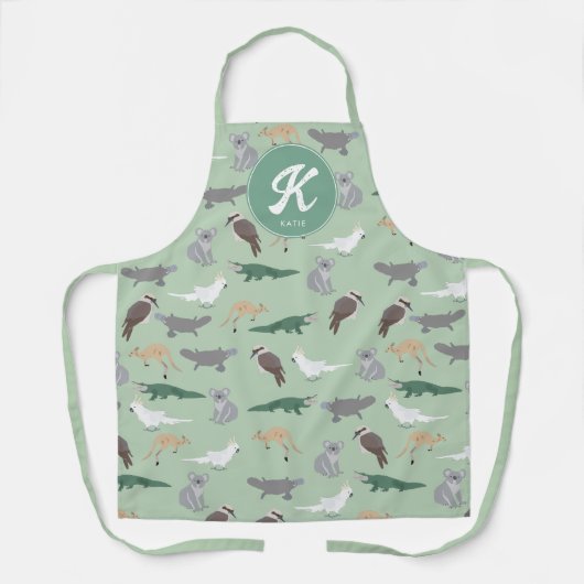 オーストラリア先住民動物ユーカリプトゥスグリーンイニシャル エプロン (正面)