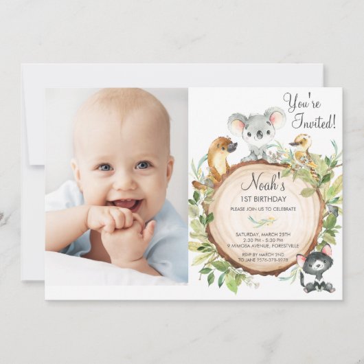オーストラリア動物かわいいコアラ1歳の誕生日の写真 招待状 (正面)