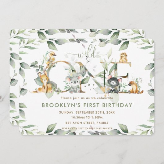 オーストラリア動物の緑1歳の誕生日ワイルドワン 招待状 (正面/裏面)