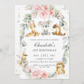 オーストラリア動物ピンクフローラセージ誕生日パーティー 招待状 (正面/裏面)