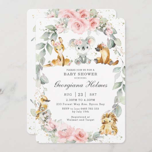 オーストラリア動物ピンクフローラセージ赤ちゃんシャワー 招待状 (正面/裏面)