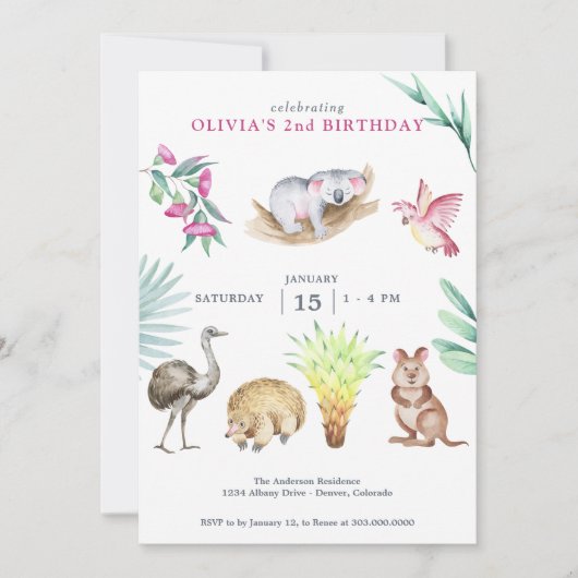 オーストラリア動物園 動物 誕生日 招待状 (正面)
