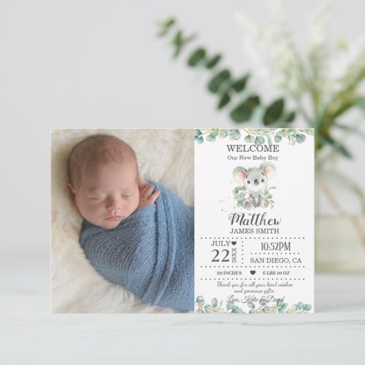 オーストラリア動物緑の新生児写真誕生 案内状 (スタンド正面)