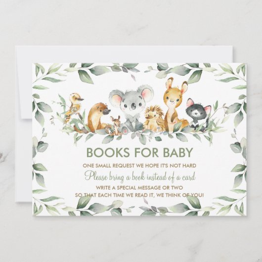 オーストラリア動物緑の本ベビーカード 招待状 (正面)