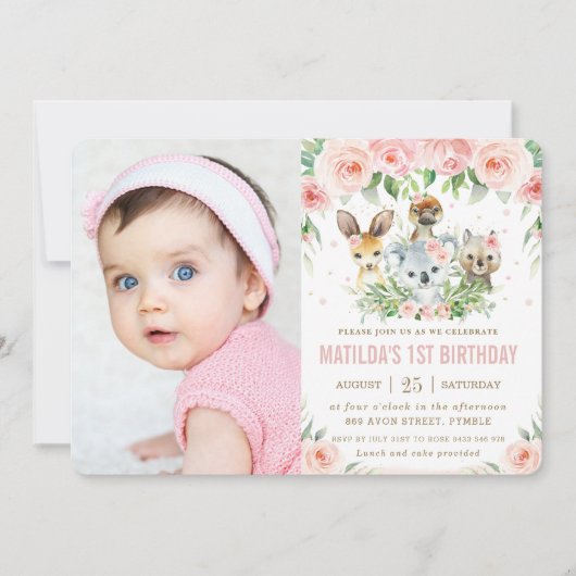 オーストラリア動物赤面フローラ誕生日写真 招待状 (正面)