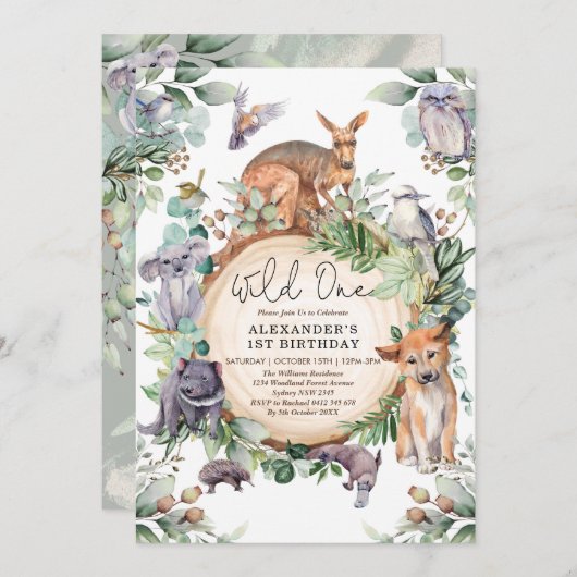 オーストラリア動物野生の一緑1歳の誕生日 招待状 (正面/裏面)