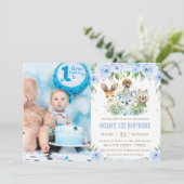 オーストラリア動物青フローラ誕生日写真 招待状 (スタンド正面)