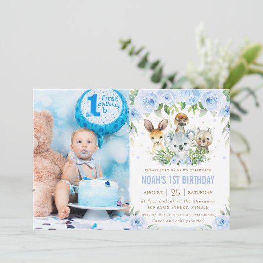 オーストラリア動物青フローラ誕生日写真 招待状 (スタンド正面)