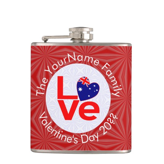 オーストラリア国旗の赤文字LOVE旗パーソナライズされた フラスク (正面)