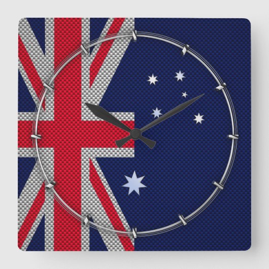 オーストラリア国旗デザイン炭素繊維クロムスタイル スクエア壁時計 (正面)