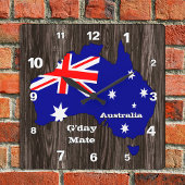オーストラリア時計、G'day Mate、木材、オーストラリア国旗 スクエア壁時計
