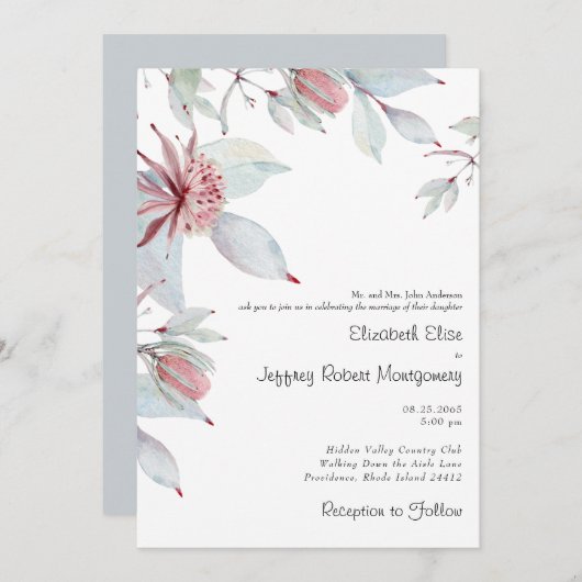 オーストラリア熱帯フローラダスティブルー結婚ズ 招待状 (正面/裏面)