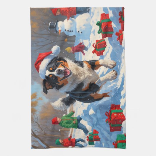 オーストラリア牛のクリスマスフェスティバル雪のシーン キッチンタオル (縦)