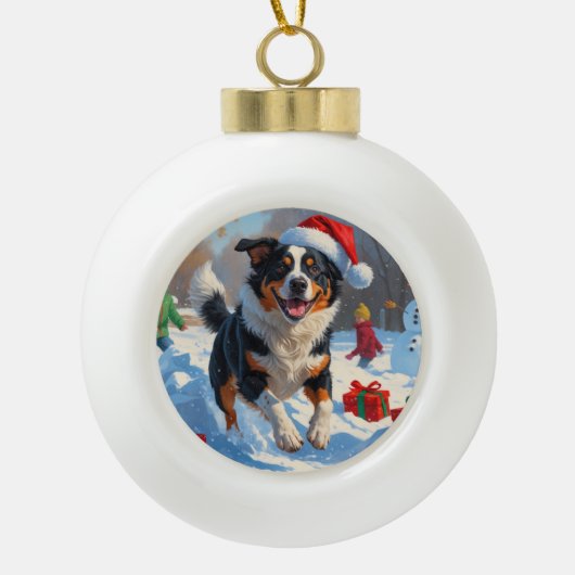 オーストラリア牛のクリスマスフェスティバル雪のシーン セラミックボールオーナメント (正面)