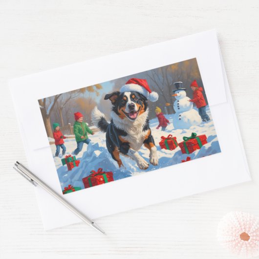 オーストラリア牛のクリスマスフェスティバル雪のシーン 長方形シール (封筒)