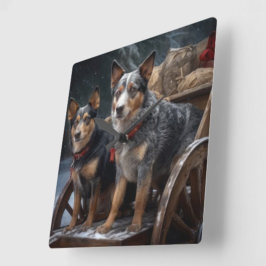 オーストラリア牛の雪そりクリスマスデコール スクエア壁時計 (傾斜)