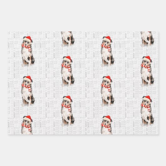 オーストラリア羊飼いのクリスマスドッグとプレイド ラッピングペーパーシート (正面2)