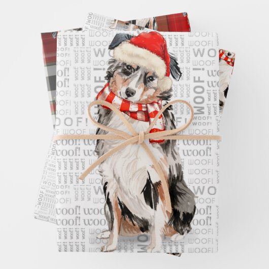 オーストラリア羊飼いのクリスマスドッグとプレイド ラッピングペーパーシート (インサイチュ)