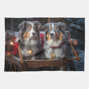 オーストラリア羊飼いの雪そりのクリスマスデコール キッチンタオル