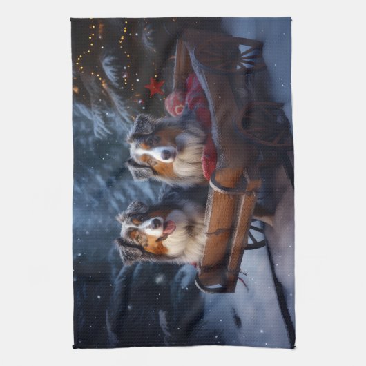 オーストラリア羊飼いの雪そりのクリスマスデコール キッチンタオル (縦)