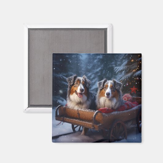 オーストラリア羊飼いの雪そりのクリスマスデコール マグネット (正面/裏面)