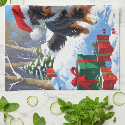 オーストラリア羊飼いクリスマスフェスティバル雪のシーン キッチンタオル (折り畳み)