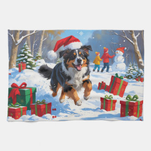 オーストラリア羊飼いクリスマスフェスティバル雪のシーン キッチンタオル