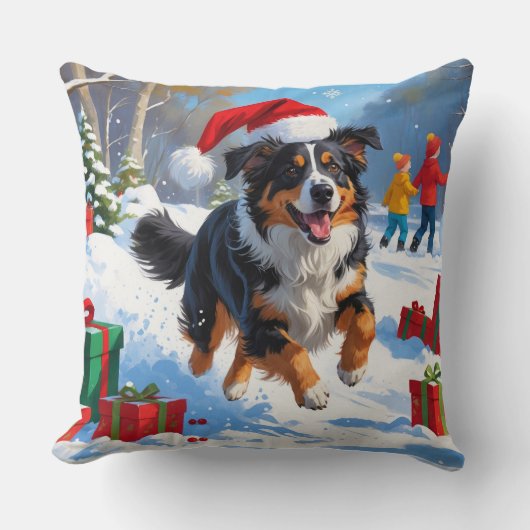 オーストラリア羊飼いクリスマスフェスティバル雪のシーン クッション (正面)