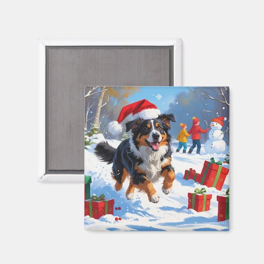 オーストラリア羊飼いクリスマスフェスティバル雪のシーン マグネット (正面/裏面)