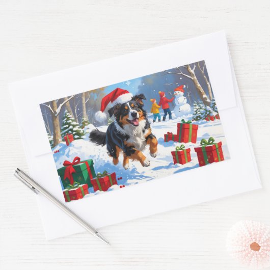 オーストラリア羊飼いクリスマスフェスティバル雪のシーン 長方形シール (封筒)