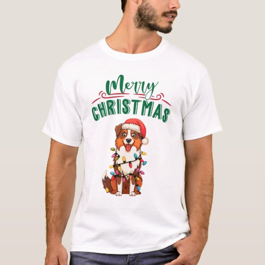 オーストラリア羊飼いクリスマスライトクリスマス犬 Tシャツ (正面)