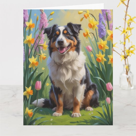 オーストラリア羊飼い犬の春の花絵を描ズ カード (黄色い花)