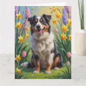 オーストラリア羊飼い犬の春の花絵を描ズ カード (正面)