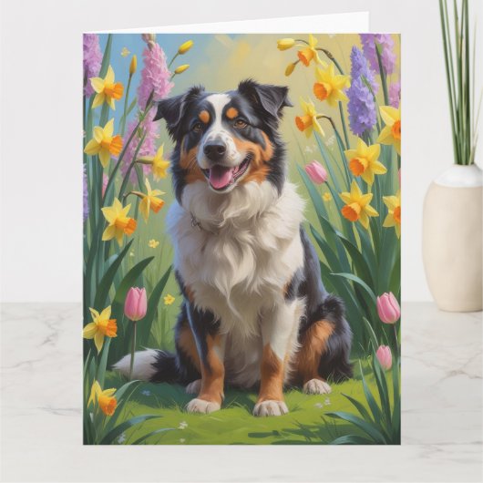 オーストラリア羊飼い犬の春の花絵を描ズ カード (正面)