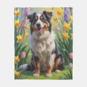 オーストラリア羊飼い犬の春の花絵を描ズ フリースブランケット (正面)