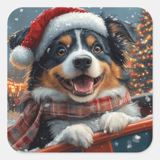 オーストラリア羊飼い犬ローラーコースタークリスマス スクエアシール (正面)