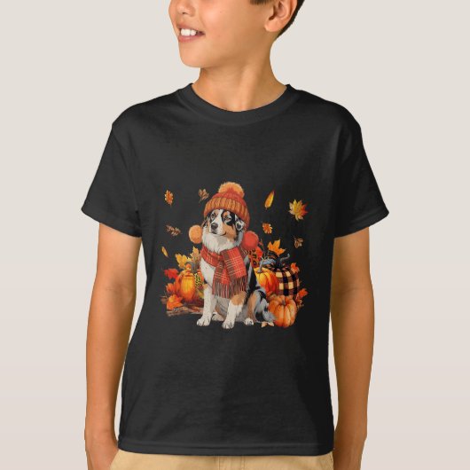 オーストラリア羊飼い犬秋スカーフレオパパンプキン Tシャツ (正面)