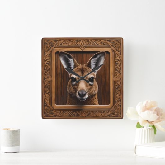 オーストラリア3Dウッドプリントカンガルー スクエア壁時計 (ホーム)