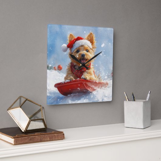 オーストラリア・テリアのスレッジで雪のクリスマスを過ごす スクエア壁時計 (オフィス)