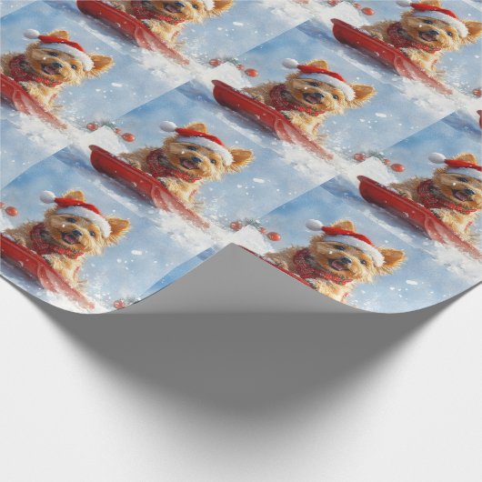 オーストラリア・テリアのスレッジで雪のクリスマスを過ごす ラッピングペーパー (角)