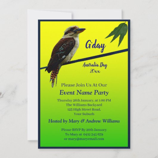 オーストラリア・デイ・パーティーのテキストを追加 - コオカブッラ 招待状 (正面)