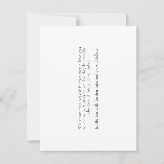 オーストリアでのデスティネーションウェディング Save The Date セーブザデート (裏面)