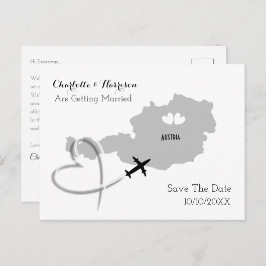 オーストリアでの行き先結婚式の日付保存 案内ポストカード (正面/裏面)