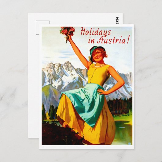 オーストリアの休日，花を持つ女性，ヴィンテージ ポストカード (正面/裏面)