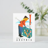 オーストリアの冬、大きなスーツケースを持つスキーガール ポストカード (スタンド正面)