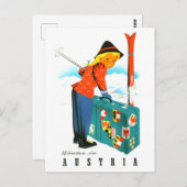 オーストリアの冬、大きなスーツケースを持つスキーガール ポストカード (正面/裏面)