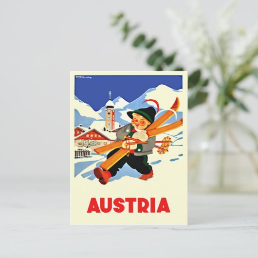 オーストリアの冬。幸せな人がスキーに行く ポストカード (スタンド正面)